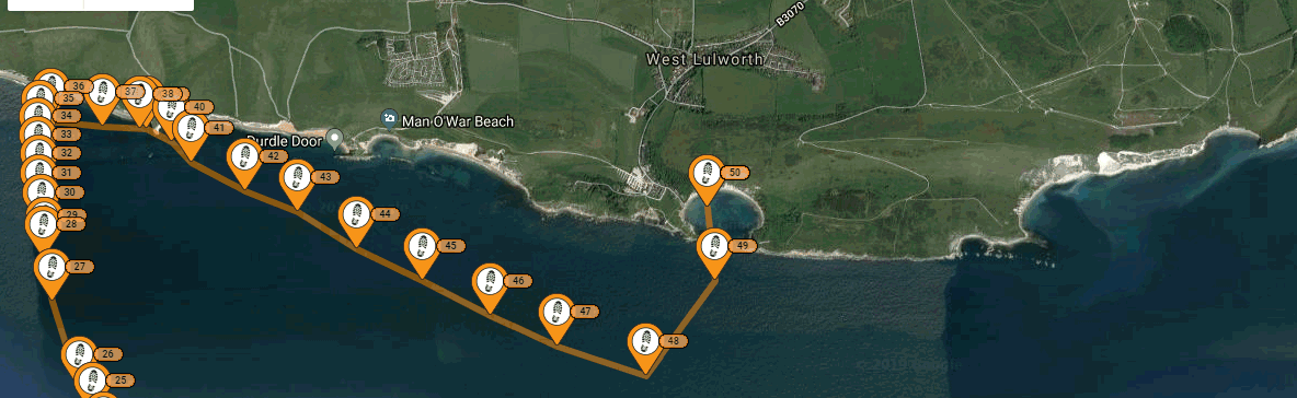 SPOT Trace tracking Snoopy near rocks then Lulworth Cove