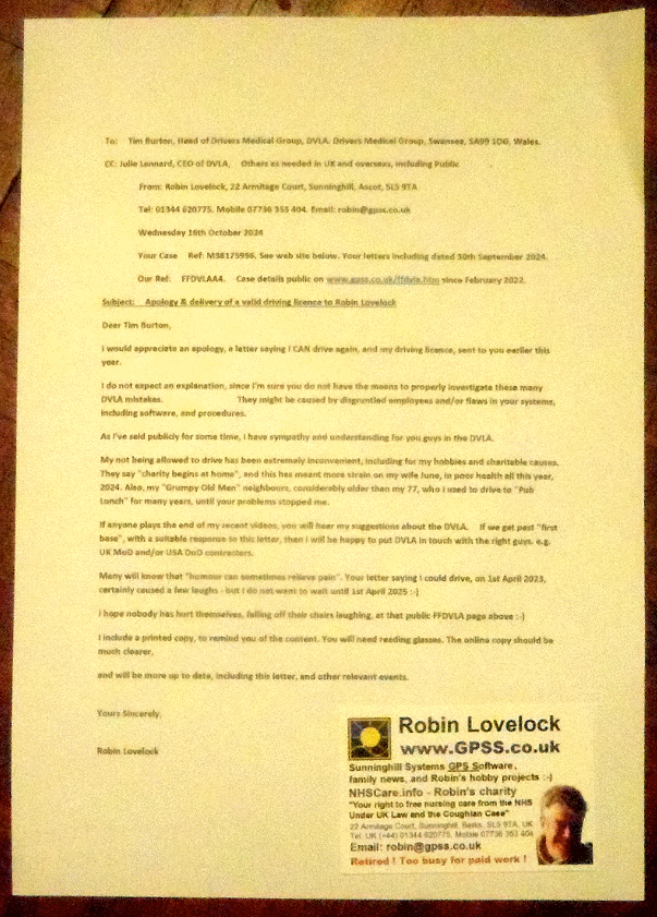 Robin's letter to DVLA Ref DVLAA4 on Thursday 15th October 2024