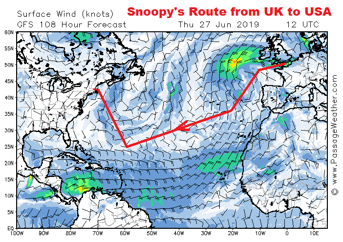 Snoopy's robot boat route from UK to USA and winds